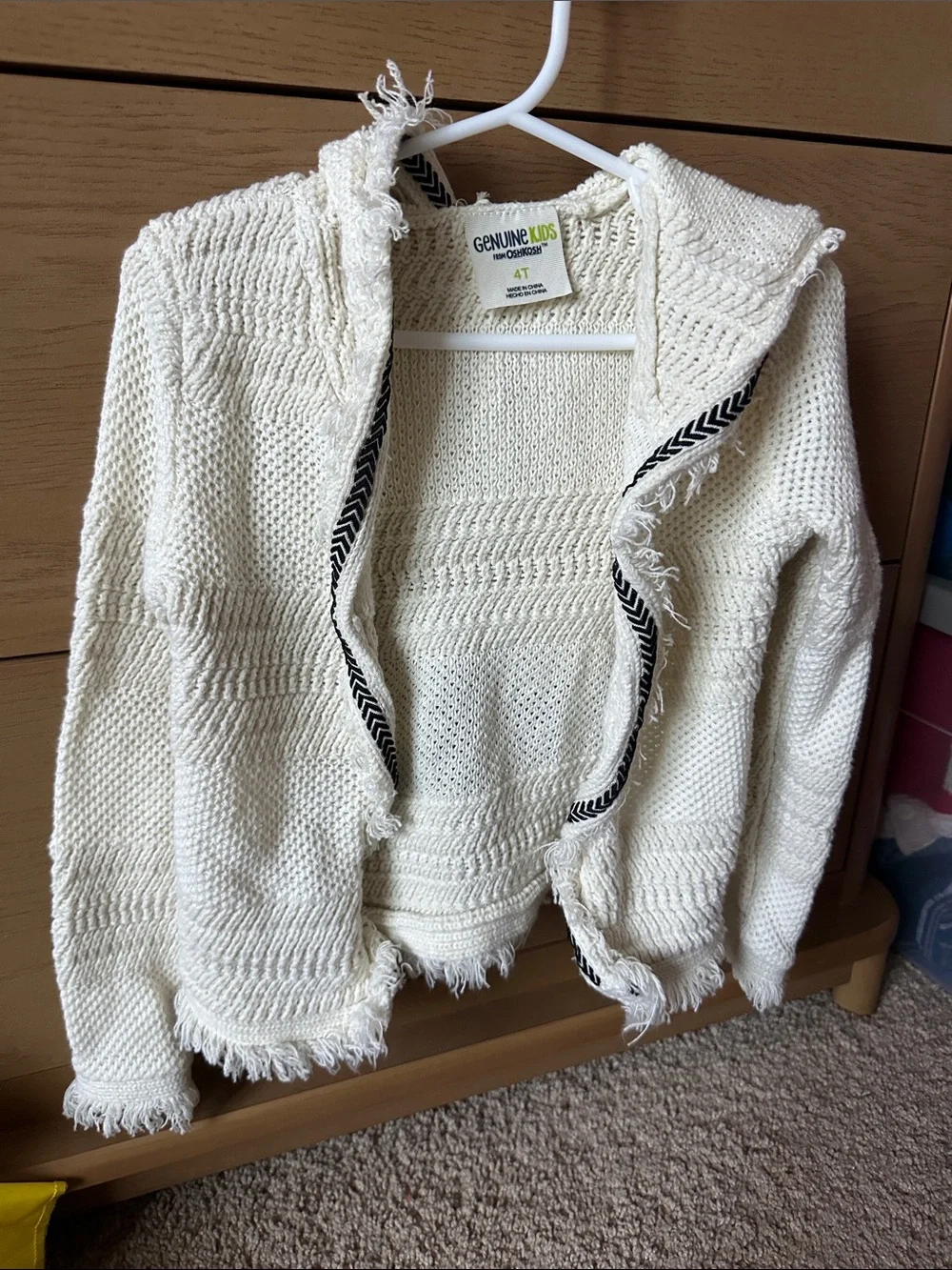 OshKosh B'gosh Cream Hooded Fringe Knit Cardigan